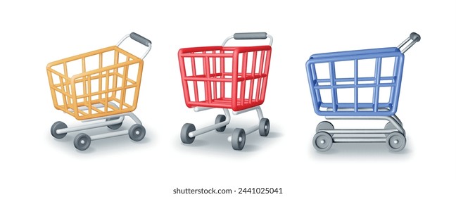 Conjunto 3D de carrito de compras aislado en blanco. Colección de iconos de carrito de compras realistas. Vista frontal de la cesta del supermercado de compras vacía. Ilustración vectorial de dibujos animados