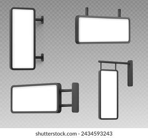 3D-Satz von Schild-Mockups isoliert auf transparentem Hintergrund. Vektor-realistische Illustration von rechteckigen Wandleuchten, weißer Blankbildschirm in schwarzem Metall- oder Kunststoffrahmen, Außenwerbung