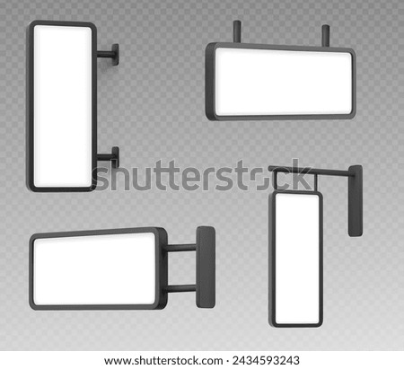 3d set of signboard mockups isolated on transparent background. Vector realistic illustration of rectangular wall lightboards, blank white screen in black metal or plastic frame, outdoor advertising