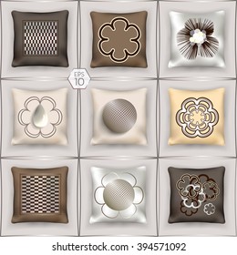 3D set of silk cushions in the milk-chocolate tones with surround pattern. Elements for design. Vector EPS10 comfortable editing.

