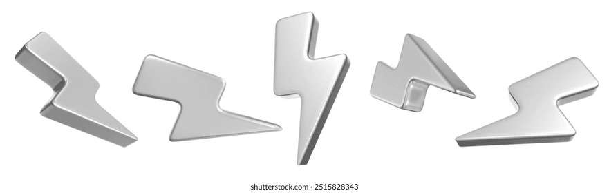 3d set símbolo de cargador de plata. Símbolo metálico de energía, peligro. Descarga eléctrica minimalista. Ilustración vectorial de stock sobre fondo aislado.	
