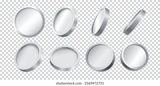 3D set silver coins with different angles. Symbol wealth. Stock vector illustration on isolated background