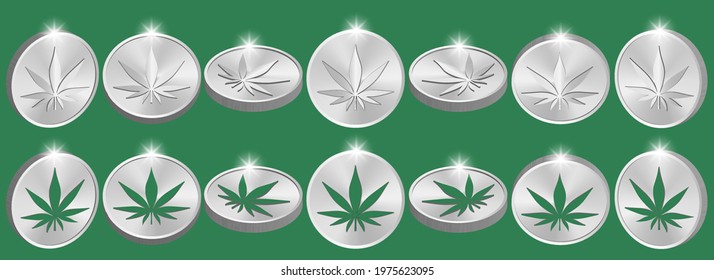 3D set of silver tokens with green hemp leaves in different projections. Bright radiant glare