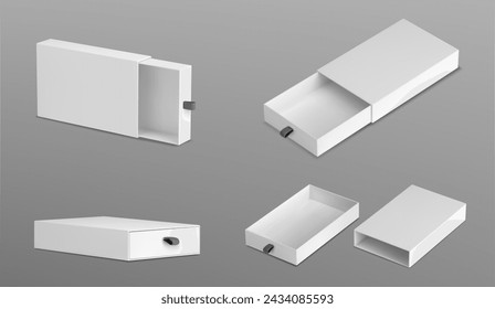 3D set of slide boxes isolated on gray background. Vector realistic illustration of open and closed white cardboard matchbox, carton package mockup, rectangular blank paper container for gift parcel