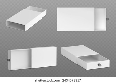 3D set of slide boxes isolated on gray background. Vector realistic illustration of open and closed white cardboard matchbox, carton package mockup, rectangular blank paper container for gift parcel