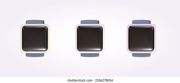 3D set of smart watches in white, pink and yellow on a pinkish background. Vector illustration.