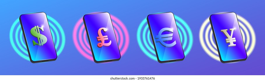 3d set of smartphones with a bright blue screen. World currencies signs on display. Dollar, pound, euro and yen. glowing colored circles and radiant highlights