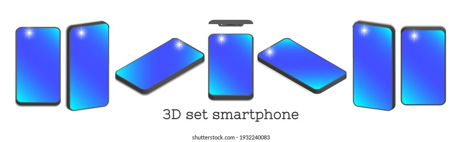3d set of smartphones in different projections. Bright radiant flash and white background
