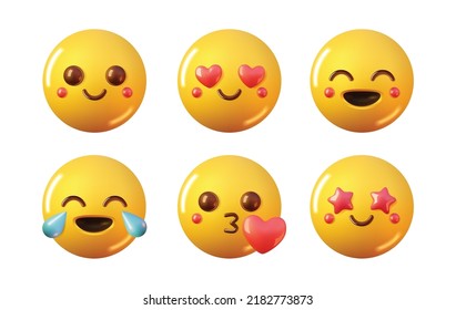 3d conjunto de iconos vectoriales de sonrisa. Las emociones de caricatura en la cara de un hombre se representan en un fondo blanco. Un símbolo de buen humor y expresión de sus sentimientos.