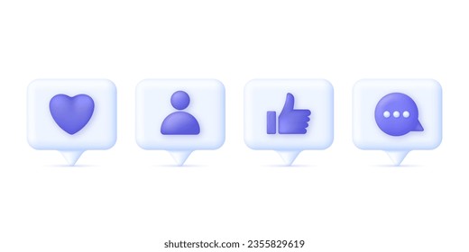 Iconos de notificación en redes sociales 3D. Como, comentar y suscribirse. Vector moderno y de moda en estilo 3d.