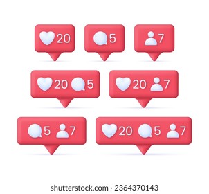 3D Set of social media notification icons. Like, follow, comment concept. Speech Bubble. Trendy and modern vector in 3d style.