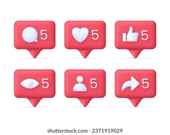 3D Set of social media notification icons. Like, follow, comment, share, view concept. Speech Bubble. Trendy and modern vector in 3d style.