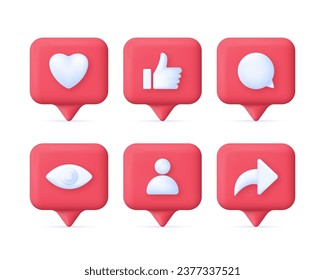 3D Set of social media notification icons. Like, follow, comment, share, view concept. Speech Bubble. Trendy and modern vector in 3d style.