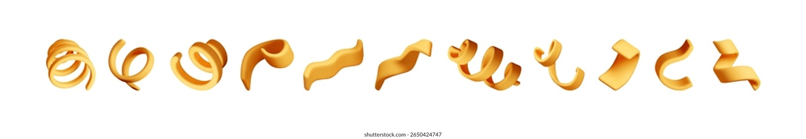 3d set of spiral confetti isolated. Render colorful serpentine collection. Different curly ribbon. Firecracker elements in various shapes. Party, holiday, surprise birthday. Vector illustration