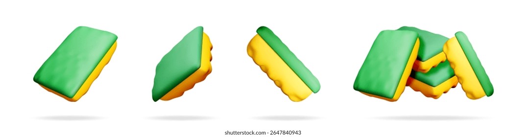3D set of sponge for washing dishes isolated on white. Render collection of sponge icon. House cleaning equipment.