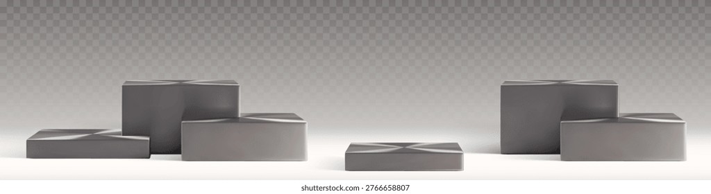 3D комплект из квадратных металлических подиумов, изолированных на прозрачном фоне. Векторная реалистичная иллюстрация пьедесталов презентации серебряной продукции, стендов церемонии награждения, стальных сцен с различными уровнями