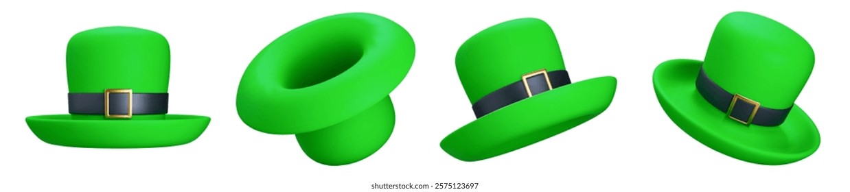 3d set St. Patrick's green hat with different angles. St. Patrick's Day shiny element. Cartoon style. Stock vector illustration on white isolated background.