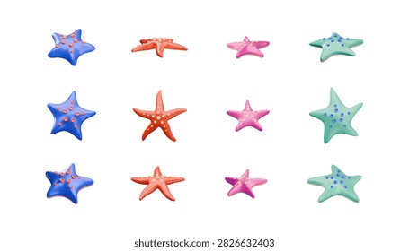 A 3D set of starfish in blue, orange, turquoise, and pink, from different angles. Underwater life, marine ecology, beach recreation, tourism, children's education. Vector. Icon. Render.