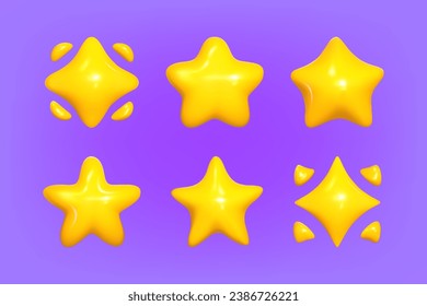 3d set stars yellow. Realistic 3d symbol design. Vector illustration. Realistic stars collection