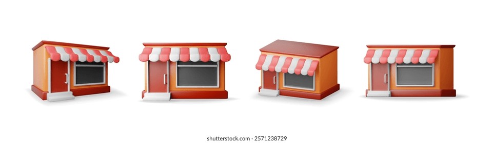 3d set of store front shop with window and door. Render wooden and brick facade. Glass showcase of boutique. European shop exterior. Commercial property market or supermarket. Vector illustration