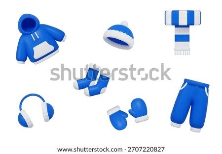 3d set Striped Scarf, fur Headphones, Hoodie, mittens, hat, Socks, Pants, icon blue and white colors. Winter clothing in cartoon style. Stock vector illustration on isolated background.
