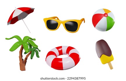 3d set of summer icons for the beach season. Palm tree, umbrella, ball, glasses, ice cream, life buoy. Vector illustration for media, print, design, banner