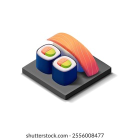 3D set of sushi rolls on a blackboard with salmon. Icon. For concepts of Japanese cuisine, menus, restaurants, and delicious healthy food. Vector illustration.