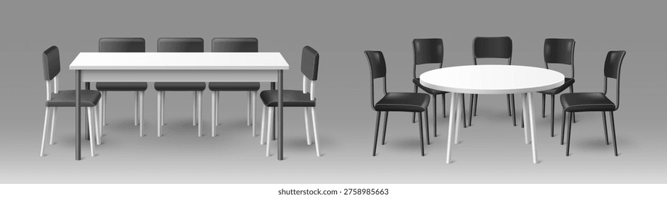 3D set of table and chair mockups isolated on background. Vector realistic illustration of round and rectangular white desks and simple black chairs, exhibition booth, office conference room furniture