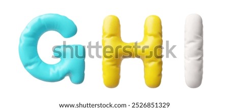 3D set of three volumetric letters: G, H and I. Inflated rubber objects, like a helium balloon. Capital letters of the English alphabet. Realistic design Render Vector illustration on white background