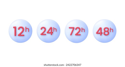 Iconos 3D Set of time. 12, 24, 48, 72 horas. Mantenimiento del tiempo y medición del tiempo. Concepto de período de tiempo. Vector moderno y moderno de estilo 3d