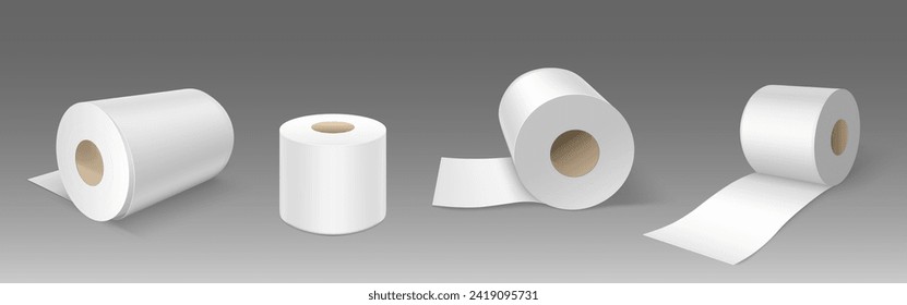 Juego 3D de rollos de papel higiénico aislados en fondo gris. Ilustración vectorial realista de la toalla de cocina, mockups de desplazamiento de caja en blanco, toallitas de tejidos higiénicos para el diseño de la cocina o el baño