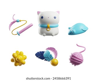 Juego de juguetes 3D en una tienda de mascotas. El conjunto incluye un lindo gato, una bola de masaje, un ratón, una bola de hilo, etc. Juguetes para el tiempo libre de su mascota. Ilustración vectorial de dibujos animados aislada sobre fondo blanco.