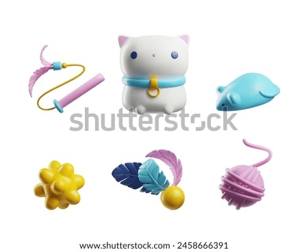 3D set of toys in a pet store. The set includes a cute cat, a massage ball, a mouse, a ball of thread, etc. Toys for your pet's leisure time. Cartoon vector illustration isolated on white background.