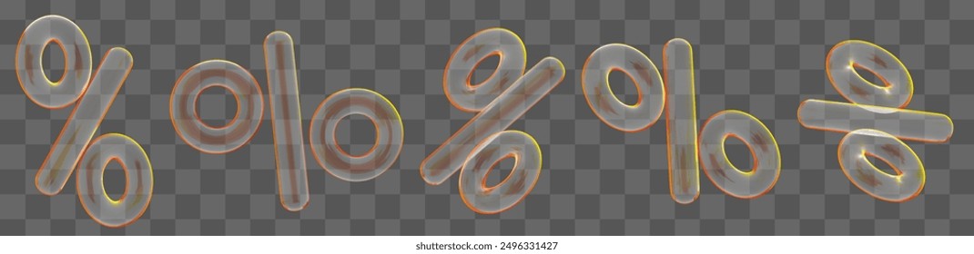 3d Set of transparent glass percent sign in different angles. Stock vector illustration on isolated background.