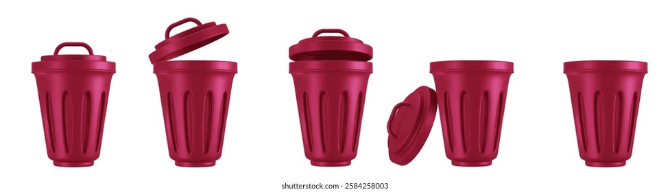 3d set trash can wine color in different angles. Realistic bin icon. Stock vector illustration on isolated background. 