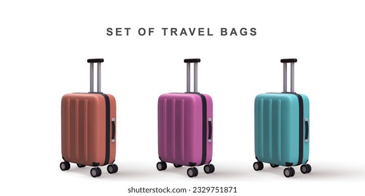 3D set travel trolley bags on white background. Vector illustration.