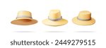 3d Set of Unisex Straw Hat Isolated. Render Collection of Straw Sunhat with Ribbon. Yellow Summer Bonnet. Concept of Summer Vacation or Holiday, Time to Travel. Beach Relaxation. Vector Illustration