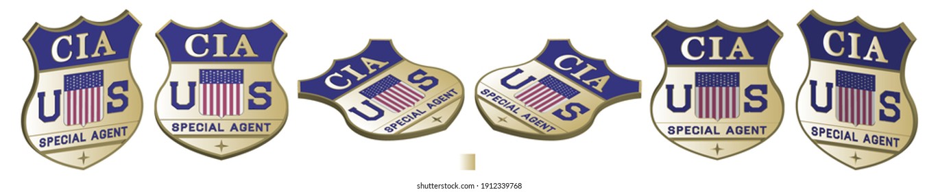 3d set of US fictional tokens CIA special agent. Shield with American flag. White background. EPS10