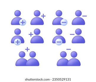 3D Set of User icon and plus, minus marks isolated on white background. Avatar, human, person, people icon. People illustration sign collection. Trendy and modern vector in 3d style.