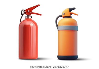 3D set vector illustration of two modern fire extinguishers in red and orange colors, designed with a sleek and minimalistic style. Perfect for safety, emergency, and firefighting-themed projects.