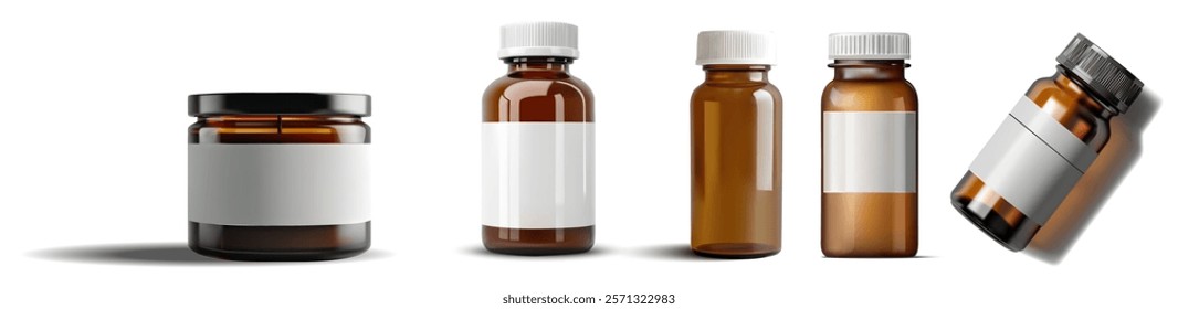 3D set vector illustration of various amber glass medicine bottles with white labels and caps. Perfect for pharmaceutical, healthcare, or medical-themed projects and packaging designs.  top view.