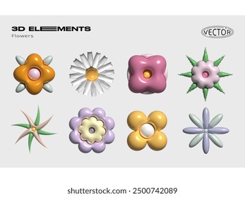 3D set of vector inflated flowers. Plumeria, sakura, chrysanthemums, various flowers types.