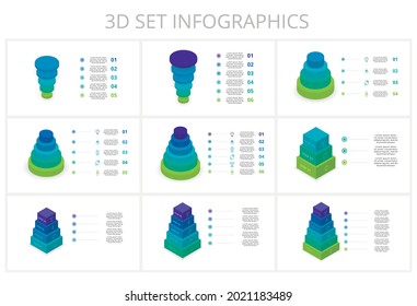 3D Set Vector Infographic Pyramid, Or Comparison Chart With 3, 4, 5, 6, 7, Colorful Levitating Layers.