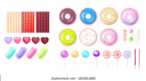 3d set of vector sweets.Realistic multicolored sweets: donuts lollipops, candies, snacks, marshmallows, chocolate isolated on white background.