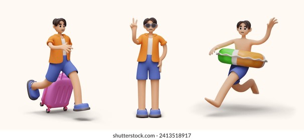 3D set of vector vacationer in different situations. Boy rushes with suitcase, man shows victory gesture, male character runs to water with inflatable circle