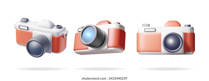 3D-Set von Klassisch Camera Isolated auf Weiß. Rendering Kollektion des Classic Foto Camera Icon. Urlaubs- oder Festliche Musik-Konzept, Zeit zu reisen. realistische Vektorillustration