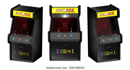 3d set of vintage electronic arcade game machines with lights and shadows