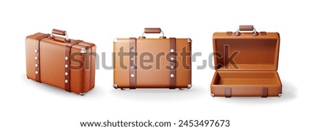 3D set of vintage old travel suitcase isolated. Render collection of leather retro bag. Brown briefcase with belts. Travel baggage and luggage. Holiday or vacation transportation. Vector illustration