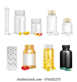 3D set of vitamins in pills and capsules in plastic containers and blister packaging isolated vector illustration 