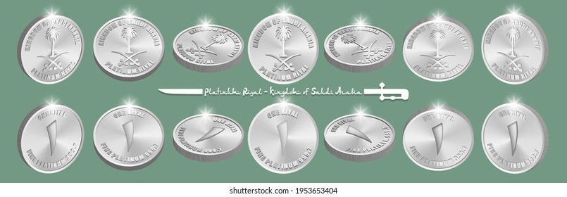 3d set of volumetric coins with ribbed edge. Platinum riyal with the coat of arms of the Kingdom of Saudi Arabia. Obverse and reverse, bright radiant highlights